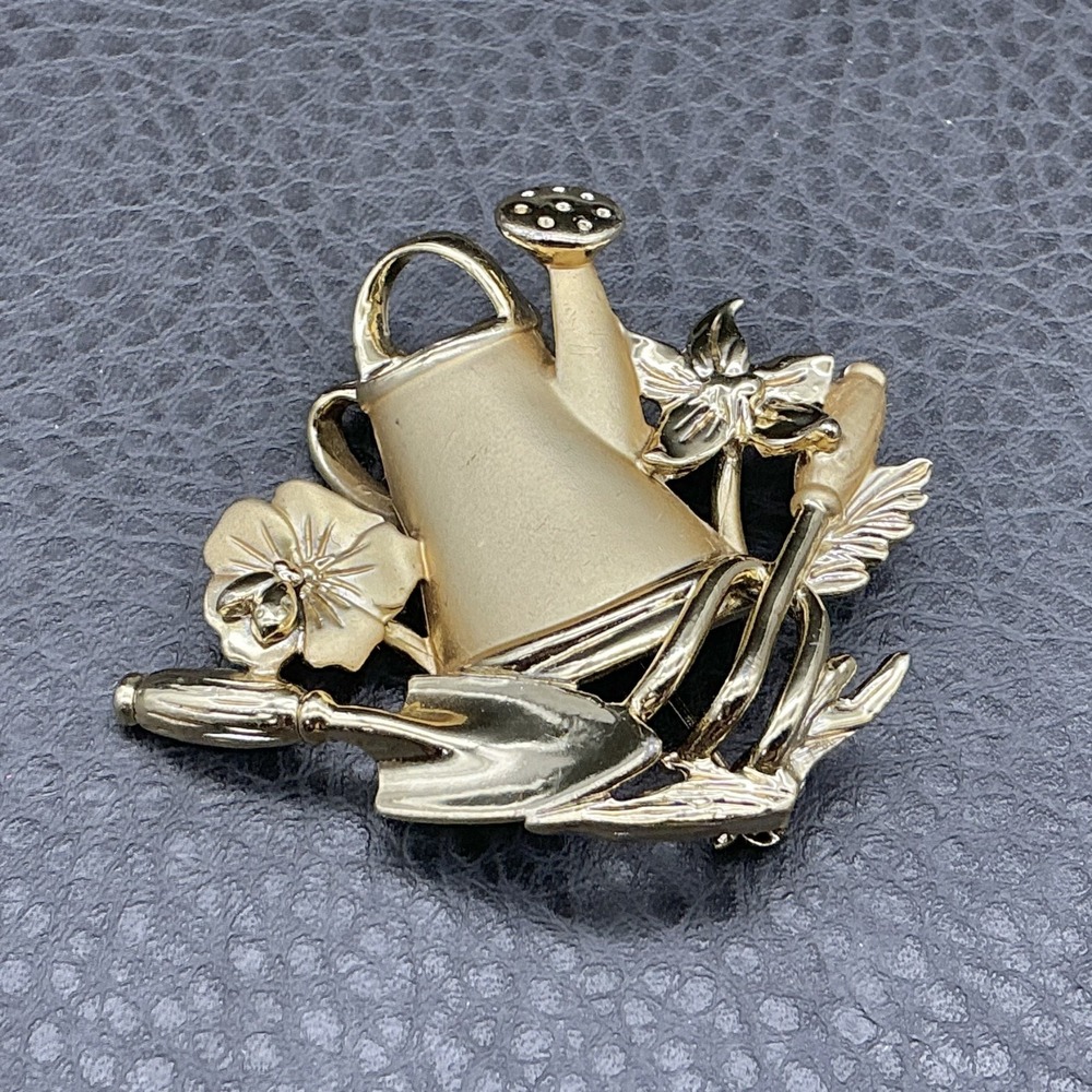Vintage AJC Brooch Gardening Tools Flowers Watering Can Gold Tone 2 Inch Pin